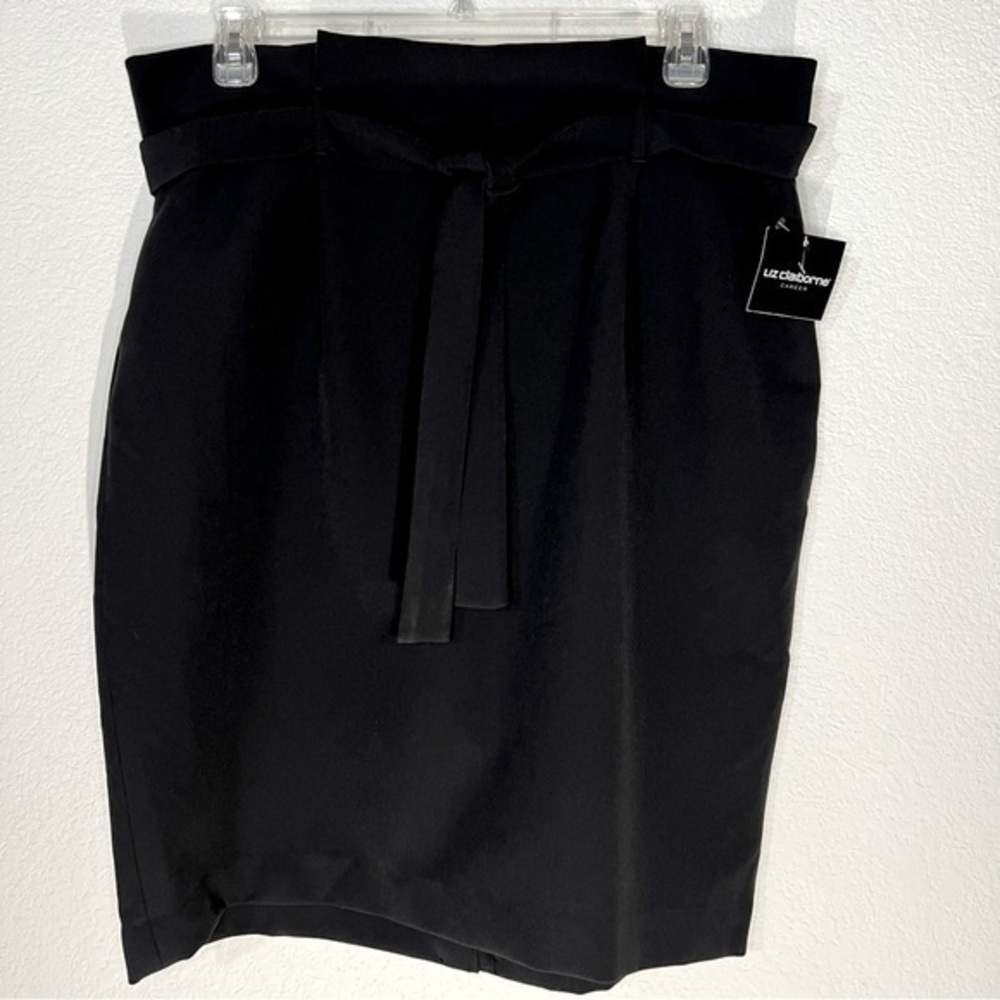 Liz Claiborne Career Black Gingham Garden Gathered Belted Waist Stretch Skirt